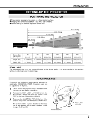 Page 77
PREPARATION
ADJUSTABLE FEET
Picture tilt and projection angle can be adjusted by
rotating the ADJUSTABLE FEET.  Projection angle can
be adjusted to 10 degrees. 
Lift the front of the projector and pull the FEET LOCK
LATCHES on both sides of the projector.1
ADJUSTABLE FEET
SETTING-UP THE PROJECTOR
FEET LOCK
LATCHES
Release the FEET LOCK LATCHES to lock the
ADJUSTABLE FEET and rotate the ADJUSTABLE
FEET for fine tune of the position and the tilt. 2
To shorten the ADJUSTABLE FEET, lift the front of the...