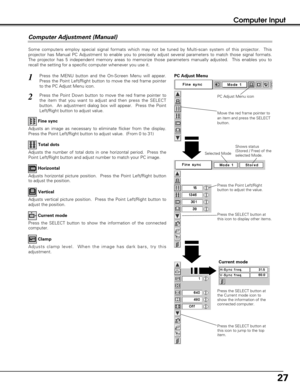 Page 2727
Computer Input
Some computers employ special signal formats which may not be tuned by Multi-scan system of this projector.  This
projector has Manual PC Adjustment to enable you to precisely adjust several parameters to match those signal formats.
The projector has 5 independent memory areas to memorize those parameters manually adjusted.  This enables you to
recall the setting for a specific computer whenever you use it. 
Press the MENU button and the On-Screen Menu will appear.
Press the Point...