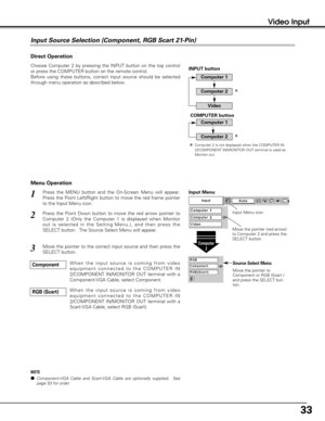 Page 3333
Video Input
Press the MENU button and the On-Screen Menu will appear.
Press the Point Left/Right button to move the red frame pointer
to the Input Menu icon.1
Press the Point Down button to move the red arrow pointer to
Computer 2 (Only the Computer 1 is displayed when Monitor
out is selected in the Setting Menu.), and then press the
SELECT button.  The Source Select Menu will appear.   2
Move the pointer to the correct input source and then press the
SELECT button.3
Move the pointer (red arrow)
to...