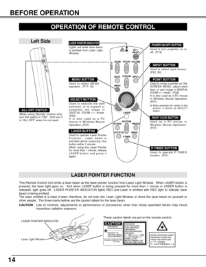 Page 1414
BEFORE OPERATION
VOLUME
ON-OFF
FOCUS
ZOOM
D.ZOOM
MENUMUTE
LASER
KEYSTONENO SHOWFREEZE
AUTO PC ADJ.IMAGE
P-TIMER
LOCK
INPUT
OPERATION OF REMOTE CONTROL
ON
ALL OFF
ALL-OFF SWITCH
Left Side
When using Remote Control Unit,
turn this switch to “ON.”  And turn it
to “ALL OFF” when it is not used.
This Remote Control Unit emits a laser beam as the laser pointer function from Laser Light Window.  When LASER button is
pressed, the laser light goes on.  And when LASER button is being pressed for more than 1...