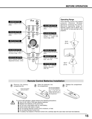Page 1515
BEFORE OPERATION
To insure safe operation, please observe the following precautions :
Use (2) AA, UM3 or R06 type alkaline batteries.
Replace two batteries at the same time.
Do not use a new battery with an used battery.
Avoid contact with water or liquid.
Do not expose Remote Control Unit to moisture, or heat.
Do not drop Remote Control Unit.
If a battery has leaked on Remote Control Unit, carefully wipe the case clean and load new batteries.
Press the lid down-
ward and slide it.
Remove the...