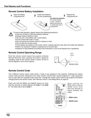 Page 12
1

Part Names and Functions
To	ensure	safe	operation,	please	observe	the	following	precautions	:
	●	Use	two	(2)	 AAA	or	LR03	type	alkaline	batteries.
	●	Always	replace	batteries	in	sets.
	●	Do	not	use	a	new	battery	with	a	used	battery.
	●	Avoid	contact	with	water	or	liquid.
	●	Do	not	expose	the	remote	control	to	moisture	or	heat.
	●	Do	not	drop	the	remote	control.
	●	If	the	battery	has	leaked	on	the	remote	control,	carefully	wipe	the	case	clean	and	install	new	batteries.
	●	Risk	of	an	explosion	if...