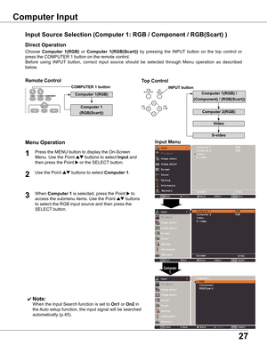 Page 27
7

Choose	Computer  1(RGB)	or	Computer  1(RGB(Scart))  by	pressing	 the	INPUT 	button	 on	the	 top	control	 or	
press	the	COMPUTER	1	button	on	the	remote	control.	
Before 	using 	INPUT 	button, 	correct 	input 	source 	should 	be 	selected 	through 	Menu 	operation 	as 	described	
below.
1
Input Menu

3
Input Source Selection (Computer 1: RGB / Component / RGB(Scart) )
Computer Input 
COMPUTER 1 button
✔ Note:
	 	 When	the	Input	Search	function	is	set	to	On1 	or	On 	in	
the	 Auto	setup...