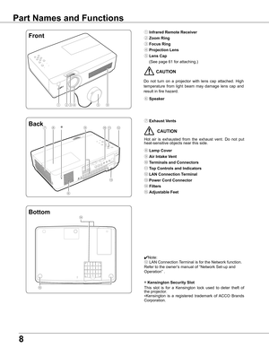 Page 8
8

Part Names and Functions
①⑤⑨③②
Front
Back
④
①	Infrared Remote Receiver
②	Zoom Ring
③	Focus Ring
④	Projection Lens
⑤ Lens Cap
	 (See	page	61	for	attaching.)
		
⑥	Speaker
⑦	Exhaust Vents
  CAUTION
Hot	 air	is	exhausted	 from	the	exhaust	 vent.	Do	not	 put	
heat-sensitive	objects	near	this	side.
⑧	Lamp Cover
⑨	Air Intake Vent
⑩	Terminals and Connectors
⑪	Top Controls and Indicators
⑫ LAN Connection Terminal
⑬ Power Cord Connector
⑭	Filters
⑮	Adjustable Feet
✔Note:
⑫ 	LAN	Connection	
Terminal	is	for	the...