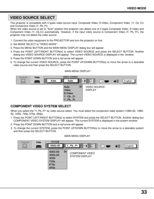 Page 3333
VIDEO MODE
VIDEO SOURCE
DISPLAY MAIN MENU DISPLAY 1. Connect the video equipment to the PROJECTOR and turn the projector on first.
2. Set MODE SELECT to VIDEO MODE.
3. Press the MENU BUTTON and the MAIN MENU DISPLAY dialog box will appear.
4. Press the POINT LEFT/RIGHT BUTTON(s) to select VIDEO SOURCE and press the SELECT BUTTON. Another
dialog box VIDEO SOURCE DISPLAY will appear. The current VIDEO SOURCE is displayed in the  window.
5. Press the POINT DOWN BUTTON and a red arrow will appear.
6. To...