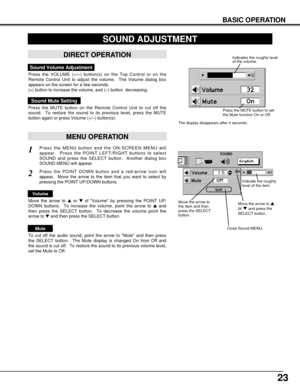 Page 2323
BASIC OPERATION
Press the MENU button and the ON-SCREEN MENU will
appear.  Press the POINT LEFT/RIGHT buttons to select
SOUND and press the SELECT button.  Another dialog box
SOUND MENU will appear. 
Sound Volume Adjustment
Press the VOLUME (+/–) button(s) on the Top Control or on the
Remote Control Unit to adjust the volume.  The Volume dialog box
appears on the screen for a few seconds.
(+) button to increase the volume, and (–) button  decreasing.
Sound Mute Setting
Press the MUTE button on the...