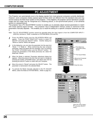 Page 2626
COMPUTER MODE
PC ADJUSTMENT
This Projector can automatically tune to the display signals from most personal computers currently distributed.
However, some computers employ special signal formats which are different from the standard ones and may
not be tuned by the Multi-Scan system of this projector.  If this happens, the projector cannot reproduce a proper
image and the image may be recognized as a flickering picture, a non-synchronized picture, a non-centered
picture or a skewed picture.
This...