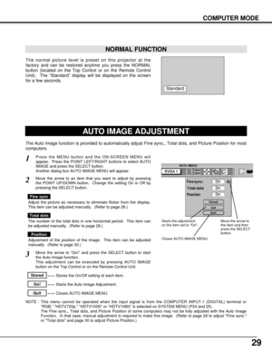 Page 2929
COMPUTER MODE
The normal picture level is preset on this projector at the
factory and can be restored anytime you press the NORMAL
button (located on the Top Control or on the Remote Control
Unit).  The “Standard” display will be displayed on the screen
for a few seconds. 
NORMAL FUNCTION
Standard
The Auto Image function is provided to automatically adjust Fine sync., Total dots, and Picture Position for most
computers.
Press the MENU button and the ON-SCREEN MENU will
appear.  Press the POINT...