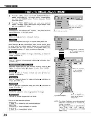 Page 3434
VIDEO MODE
PICTURE IMAGE ADJUSTMENT
Each of the keys operates as follow.
Press the MENU button and the ON-SCREEN MENU will
appear.  Press the POINT LEFT/RIGHT buttons to select IMAGE
and press the SELECT button.  Another dialog box IMAGE
MENU will appear. 1
Closes IMAGE MENU.
Point to button to lighten the image, and select to deepen the
image.  (From 0 to 63.)
Point to button to increase purple, and select to increase green.
(From 0 to 63.)
Point to button to decrease contrast, and select to...