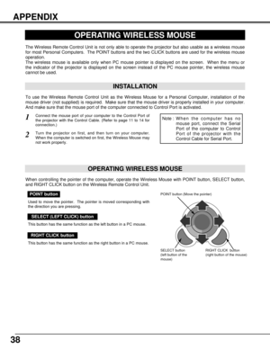 Page 3838
APPENDIX
OPERATING WIRELESS MOUSE
INSTALLATION
The Wireless Remote Control Unit is not only able to operate the projector but also usable as a wireless mouse
for most Personal Computers.  The POINT buttons and the two CLICK buttons are used for the wireless mouse
operation.
The wireless mouse is available only when PC mouse pointer is displayed on the screen.  When the menu or
the indicator of the projector is displayed on the screen instead of the PC mouse pointer, the wireless mouse
cannot be used....