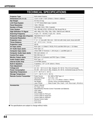 Page 4444
APPENDIX
1.3 TFT Active Matrix type, 3 panels
TECHNICAL SPECIFICATIONS
Multi-media Projector
20.3 lbs (9.2 kg)
12.44 x 6.46 x 18.9 (316mm x 164mm x 480mm) 
1024 x 768 dots
2,359,296 (1024 x 768 x 3 panels)
PAL, SECAM, NTSC, NTSC4.43, PAL-M and PAL-N
H-sync. 15 ~ 100 KHz, V-sync. 50 ~ 100 Hz
Adjustable from 31” to 400”
800 TV lines
2 speakers, 1.57 x 2.76 (40mm x 70mm) 
41 ˚F ~ 95 ˚F (5 ˚C ~ 35 ˚C)
14 ˚F ~ 140 ˚F (-10 ˚C ~ 60 ˚C)
Owner’s Manual
AC Power Cord
Wired/Wireless Remote Control Transmitter...