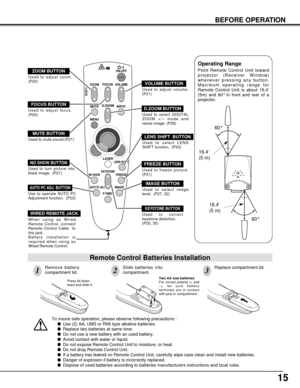 Page 1515
BEFORE OPERATION
To insure safe operation, please observe following precautions :
Use (2) AA, UM3 or R06 type alkaline batteries.
Replace two batteries at same time.
Do not use a new battery with an used battery.
Avoid contact with water or liquid.
Do not expose Remote Control Unit to moisture, or heat.
Do not drop Remote Control Unit.
If a battery has leaked on Remote Control Unit, carefully wipe case clean and install new batteries.
Danger of explosion if battery is incorrectly replaced....