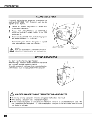 Page 1010
PREPARATION
CAUTION IN CARRYING OR TRANSPORTING A PROJECTOR
Do not drop or bump a projector, otherwise damages or malfunctions may result.
When carrying a projector, use a suitable carrying case.
Do not transport a projector by using a courier or transport service in an unsuitable transport case.  This
may cause damage to a projector.  To transport a projector through a courier or transport service, consult
your dealer for best way.
MOVING PROJECTOR
Use Carry Handle when moving a Projector.
When...