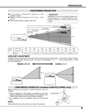 Page 99
PREPARATION
POSITIONING PROJECTOR
This projector is designed to project on a flat
projection surface.
Projector can be focused from 4.6’ (1.4m) ~ 48.3’
(14.7m).
Refer to figure below to adjust screen size.
Screen
Size
Distance40”
31”
4.6’ (1.4m)
40”
4.6’(1.4m)11.8’(3.6m)24.0’(7.3m)36.1’(11.0m)
Max. Zoom
Min. Zoom48.3’(14.7m)100”200”300”400”
308”
231”
154”
77”
31”
ROOM LIGHT
Brightness in room has a great influence on
picture quality. It is recommended to limit
ambient lighting in order to provide...