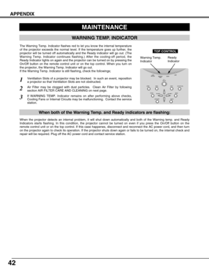 Page 4242
APPENDIX
MAINTENANCE
WARNING TEMP. INDICATOR
Ventilation Slots of a projector may be blocked.  In such an event, reposition
a projector so that Ventilation Slots are not obstructed.
Air Filter may be clogged with dust particles.  Clean Air Filter by following
section AIR FILTER CARE AND CLEANING on next page.
1
2
If WARNING TEMP. Indicator remains on after performing above checks,
Cooling Fans or Internal Circuits may be malfunctioning.  Contact the service
station.3
The Warning Temp. Indicator...