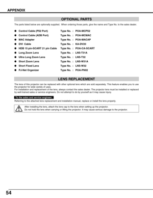 Page 5454
APPENDIX
OPTIONAL PARTS
The parts listed below are optionally supplied.  When ordering those parts, give the name and Type No. to the sales dealer.
Control Cable (PS2 Port) Type No. : POA-MCPS2
Control Cable (ADB Port) Type No. : POA-MCMAC
MAC Adapter Type No. : POA-MACAP
DVI  Cable Type No. : KA-DV20
HDB 15 pin-SCART 21 pin Cable Type No. : POA-CA-SCART
Long Zoom Lens  Type No. : LNS-T31A
Ultra Long Zoom Lens Type No. : LNS-T32
Short Zoom Lens Type No. : LNS-W31A
Short Fixed Lens Type No. :...