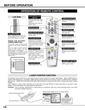 Page 1414
BEFORE OPERATION
FOCUS BUTTON
Used to adjust focus. (P20)
AUTO PC ADJ. BUTTON
Use to operate AUTO PC
Adjustment function. (P25)
KEYSTONE BUTTON
Used to correct keystone
distortion. (P20, 36)
IMAGE BUTTON
Used to select image
level. (P28, 33)
  LOCK
FREEZE
SELECT D.ZOOM
MUTE
VOLUME-
MENU
NO SHOW
IMAGE
VOLUME+
KEYSTONE
LASER
P-TIMER
ZOOM
COMPUTER 1COMPUTER 1
COMPUTER 2COMPUTER 2
VIDEO
FOCUS
LENS
AUTO PCON-OFF
OPERATION OF REMOTE CONTROL
ONALL OFF
ALL-OFF SWITCH
Left Side
When using Remote Control Unit,...