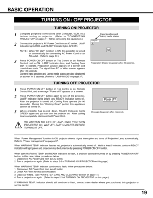 Page 1919
BASIC OPERATION
TURNING ON PROJECTOR
Connect the projectors AC Power Cord into an AC outlet.  LAMP
Indicator lights RED, and READY Indicator lights GREEN.2
3
TURNING OFF PROJECTOR
Press POWER ON-OFF button on Top Control or on Remote
Control Unit, and a message Power off? appears on a screen.  
Press POWER ON-OFF button again to turn off the projector.
LAMP Indicator lights bright and READY Indicator turns off.
After the projector is turned off, Cooling Fans operate (for 90
seconds).  During this...