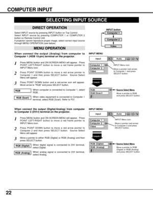 Page 2222
COMPUTER INPUT
SELECTING INPUT SOURCE
MENU OPERATION
DIRECT OPERATION
Select INPUT source by pressing INPUT button on Top Control.
Select INPUT source by pressing COMPUTER 1 or COMPUTER 2
button on Remote Control Unit.
If projector cannot reproduce proper image, select correct input source
through MENU OPERATION (see below).
Press MENU button and ON-SCREEN MENU will appear.  Press
POINT LEFT/RIGHT button to move a red frame pointer to
INPUT Menu icon.
Press POINT DOWN button to move a red arrow...