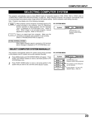 Page 2323
COMPUTER INPUT
SELECTING COMPUTER SYSTEM
This projector automatically tunes to most different types of computers based on VGA, SVGA, XGA or SXGA (refer to
“COMPATIBLE COMPUTER SPECIFICATIONS” on page 24).  When selecting Computer, this projector automatically tunes
to incoming signal and projects proper image without any special setting.  (Some computers need setting manually.)
Note : Projector may display one of the following messages.
When projector cannot recognize connected signal as PC
system...