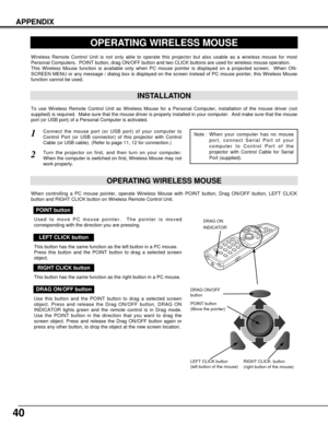 Page 4040
APPENDIX
OPERATING WIRELESS MOUSE
INSTALLATION
Wireless Remote Control Unit is not only able to operate this projector but also usable as a wireless mouse for most
Personal Computers.  POINT button, drag ON/OFF button and two CLICK buttons are used for wireless mouse operation.
This Wireless Mouse function is available only when PC mouse pointer is displayed on a projected screen.  When ON-
SCREEN MENU or any message / dialog box is displayed on the screen instead of PC mouse pointer, this Wireless...