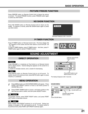 Page 2121
BASIC OPERATION
Press FREEZE button on Remote Control Unit to freeze the picture
on-screen.  To cancel FREEZE function, press FREEZE button again
or press any other button.
Press NO SHOW button on Remote Control Unit to black out the
image.  To restore to normal, press NO SHOW button again or press
any other button.
NO SHOW FUNCTION
PICTURE FREEZE FUNCTION
Message disappears after 4 seconds.
No show
Press P-TIMER button on Remote Control Unit.  The timer display “00
: 00” appears on the screen and the...