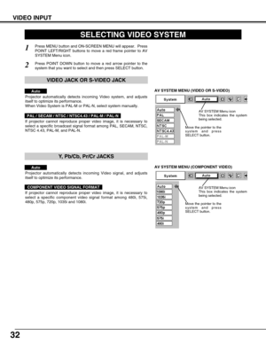 Page 3232
VIDEO INPUT
AV SYSTEM MENU (VIDEO OR S-VIDEO)
AV SYSTEM MENU (COMPONENT VIDEO)
SELECTING VIDEO SYSTEM
Press MENU button and ON-SCREEN MENU will appear.  Press
POINT LEFT/RIGHT buttons to move a red frame pointer to AV
SYSTEM Menu icon.
Press POINT DOWN button to move a red arrow pointer to the
system that you want to select and then press SELECT button.
1
2
If projector cannot reproduce proper video image, it is necessary to
select a specific broadcast signal format among PAL, SECAM, NTSC,
NTSC 4.43,...