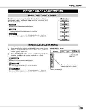 Page 3333
VIDEO INPUT
PICTURE IMAGE ADJUSTMENTS
IMAGE LEVEL SELECT (MENU)
Press MENU button and ON-SCREEN MENU will appear.  Press
POINT LEFT/RIGHT button to move a red frame pointer to
IMAGE SELECT Menu icon.1
2Press POINT DOWN button to move a red frame pointer to the
level that you want to set and then press SELECT button.
Move the red frame pointer to the
level and press SELECT button.
The level being selected.
IMAGE SELECT MENU
Normal picture level preset on this projector.
Standard
Picture level adjusted...