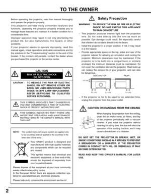 Page 22
CAUTION : T O  REDUCE THE RISK OF ELECTRIC
SHOCK, DO NOT REMOVE COVER (OR
BACK). NO USER-SERVICEABLE PARTS
INSIDE EXCEPT LAMP REPLACEMENT.
REFER SERVICING TO QUALIFIED
SERVICE PERSONNEL.
THIS SYMBOL INDICATES THAT DANGEROUS
VOLTAGE CONSTITUTING A RISK OF ELECTRIC
SHOCK IS PRESENT WITHIN THIS UNIT.
THIS SYMBOL INDICATES THAT THERE ARE
IMPORTANT OPERATING AND MAINTENANCE
INSTRUCTIONS IN THE OWNER’S MANUAL WITH
THIS UNIT.
CAUTION
RISK OF ELECTRIC SHOCK
DO NOT OPEN
Before operating this projector, read...
