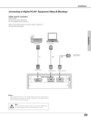 Page 2323
Installation
Connecting to Digital PC/AV  Equipment (Warp & Blending)
Cables used for connection
qDVI-D Cable  
wSerial Cross Cables (RS-232C)
✽
(✽= Not supplied with this projector.)
Refer to the enclosed operation manual for details in operation of
the Warp & Blending feature.
PC Serial Port
Note:
When connecting the cable, the power cords of both the projector and
the external equipment should be disconnected from AC outlet. 
q
Digital Output
Other Projector
SERIAL PORT IN
SERIAL PORT INSERIAL PORT...