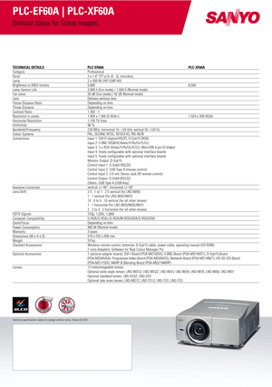 Page 2Technical specifications subject to change without notice. Status 03/2007\
PLC-EF60A | PLC-XF60A
Brilliant Ideas for Great Images.
TECHNICAL DETAILSCategoryPanelLampBrightness in ANSI lumensLamp Service LifeFan noiseLensThrow Distance RatioThrow Distance Contrast RatioResolution in pixelsHorizontal ResolutionUniformityBandwith/FrequencyColour Systems
Connections
Keystone Correction
Lens-Shift
HDTV SignalsComputer CompatibilityZoom/FocusPower ConsumptionWarrantyDimensions (W x H x D)Weight
Standard...