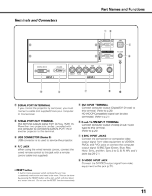 Page 11
11

Terminals and Connectors
r	R/C j ACK
  When using the wired remote control, connect the 
wired remote control to this jack with a remote 
control cable (not supplied).
e	USB CONNECTOR (Series B)
  USB connector is to used to service the projector.
i	S-VIDEO INPUT j ACK
  Connect the S-VIDEO output signal from video 
equipment to this jack (p.21).
q	SERIAL PORT IN TERMINAL
  If you control the projector by computer, you must 
connect a cable (not supplied) from your computer 
to this terminal.
w...