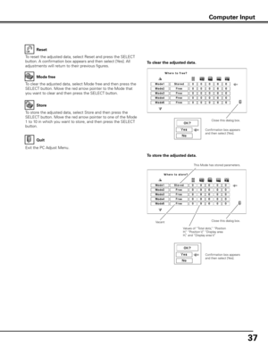 Page 37
7

Exit the PC Adjust Menu.
To store the adjusted data, select Store and then press the 
SELECT button. Move the red arrow pointer to one of the Mode 
1 to 10 in which you want to store, and then press the SELECT 
button.
To reset the adjusted data, select Reset and press the SELECT 
button. A confirmation box appears and then select [Yes]. All 
adjustments will return to their previous figures.To store the adjusted data . To clear the adjusted data .
To clear the adjusted data, select Mode free...