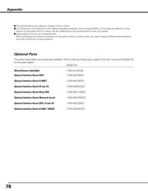 Page 78
78

Optional Parts
       Model No.
Wired Remote Cable(30m)      
: POA-CA-RC30 
Optional Interface Board (DVI)      
: POA-MD18DVI
Optional Interface Board (5-BNC)      
: POA-MD16VD1
Optional Interface Board (D-sub 15)    
: POA-MD04VGA
Optional Interface Board (Dual-SDI)   
: POA-MD17SDID
Optional Interface Board (Network board)   
: POA-MD13NET2
Optional Interface Board (DVI / D-sub 15)   
: POA-MD23ADI
Optional Interface Board (5-BNC / VIDEO)   
: POA-MD25VD3
The parts listed below are optionally...