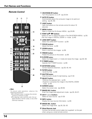 Page 14Remote Control
Part Names and Functions
q
t e
!0
i !4
r
!3
!1 w
y
u
o !7
!2
!8 !9
@0
e	 LIGHT button
  Light the buttons on the remote control for about 10 
seconds.
r  MENU button
  Open or close the On-Screen MENU.  (pp.25-26)
t  POINT ed 7 8 buttons
   –  Select an item or adjust the value in The ON-SCREEN MENU.  (p.25)
   –Pan the image in DIGITAL ZOOM +/– mode.  (p.40)
y  LENS SHIFT button
  Select the LENS SHIFT function.  (p.29)
u  FOCUS buttons
  Adjust the focus.  (p.29)
i	 ZOOM buttons
  Zoom...