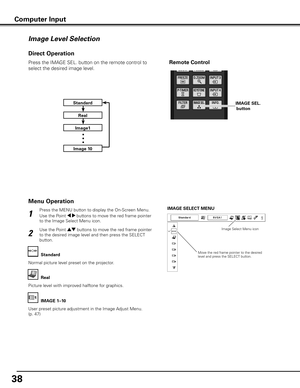 Page 3838
Press the MENU button to display the On-Screen Menu. 
Use the Point 7 8 buttons to move the red frame pointer 
to the Image Select Menu icon.
1
2
Use the Point ed buttons to move the red frame pointer 
to the desired image level and then press the SELECT 
button.IMAGE SELECT MENU
Normal picture level preset on the projector. Standard
Picture level with improved halftone for graphics. Real
User preset picture adjustment in the Image Adjust Menu. 
(p. 47) IMAGE 1–10
Image Level Selection
Menu Operation...