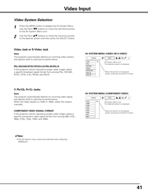 Page 4141
Computer Input
AV SySTEM MENU (VIDEO OR S-VIDEO)
AV S ySTEM MENU (COMPONENT VIDEO)
Video System Selection
Press the MENU button to display the On-Screen Menu. 
Use the Point 7 8 buttons to move the red frame pointer 
to the AV System Menu icon.
Use the Point ed buttons to move the red arrow pointer 
to the desired system and then press the SELECT button.1
2
If the projector cannot reproduce proper video image, select 
a specific broadcast signal format from among PAL, SECAM, 
NTSC, NTSC 4.43, PAL-M,...