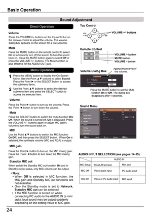 Page 24
4

Basic Operation
Sound	Adjustment
1
2
Press	the	MENU	button	to	display	the	On-Screen	Menu.	Use	the	Point	▲▼	buttons	to	select	Sound.	Press	the	Point	►	or	the	SELECT 	button	to	access	the	submenu	items.	
Press	the	VOLUME+/–	buttons	on	the	top	control	or	on	the	remote	control	to	adjust	the	volume.	 The	volume	dialog	box	appears	on	the	screen	for	a	few	seconds.
Press	the	MUTE	button	on	the	remote	control	to	select	On	to	temporarily	turn	off	the	sound.	To	turn	the	sound	back	on,	press	the	MUTE	button...