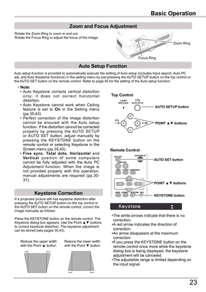 Page 23
3

Basic Operation
Rotate	the	Zoom	Ring	to	zoom	in	and	out.		Rotate	the	Focus	Ring	to	adjust	the	focus	of	the	image.		
Zoom	and	Focus	Adjustment
If	a	projected	picture	still	has	keystone	distortion	after	pressing	the	AUTO	SETUP 	button	on	the	top	control	or	the	AUTO	SET 	button	on	the	remote	control,	correct	the	image	manually	as	follows:
Press	the	KEYSTONE	button	on	the	remote	control.	 The	Keystone	dialog	box	appears.	Use	the	Point	▲▼	buttons	to	correct	keystone	distortion.	The	keystone...