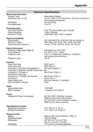 Page 71
71

Appendix
Technical	SpecificationsMechanical	Information			 Projector	Type	 Multi-media	Projector		Dimensions	(W	x	H	x	D)		13.13"	x	3.98"	x	9.7"	(333.5mm	x	101.0mm	x	47.0mm)																																																																						(Not	including	protrusions)		 Net	Weight	 6.4	lbs	(.9	kg)		 Foot	Ad�ustment	 0˚	to	10˚	 	 		 		 	 	Panel	Resolution			 LCD	Panel	System	0.55"	TFT	Active	Matrix	type,	3	panels			 Panel	Resolution	 1,04	x	768	dots		 Number	of...