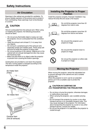Page 6
6

Safety	Instructions
Openings	in	the	cabinet	are	provided	for	ventilation.	To	ensure	reliable	operation	of	the	product	and	to	protect	it	from	overheating,	these	openings	must	not	be	blocked	or	covered.	
	CAUTION
Hot	air	is	exhausted	from	the	exhaust	vent.	When	using	or	installing	the	projector,	the	following	precautions	should	be	taken.	
–			Do	not	put	any	flammable	object	or	spray	can	near	the	projector,	hot	air	is	exhausted	from	the	ventilation	holes.–			Keep	the	exhaust	vent	at	least	3’ 	(1	m)	away...
