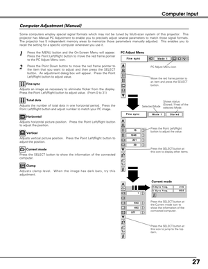 Page 2727
Computer Input
Some computers employ special signal formats which may not be tuned by Multi-scan system of this projector.  This
projector has Manual PC Adjustment to enable you to precisely adjust several parameters to match those signal formats.
The projector has 5 independent memory areas to memorize those parameters manually adjusted.  This enables you to
recall the setting for a specific computer whenever you use it. 
Press the MENU button and the On-Screen Menu will appear.
Press the Point...