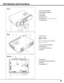 Page 99
Part Names and Functions
Bottom Back Front
qPower Cord Connector
wInfrared Remote Receiver
eZoom Lever
rFocus Ring
tProjection Lens
yLens Cover(See page 54 for attaching.)
uAir Intake Vent
qwert
qExhaust Vent
qwer
qLamp Cover
wAir Intake Vent (back and bottom)
eAir Filter 
rAdjustable Feet
r
qew
wTop Controls and Indicators
eAir Intake Vent
rTerminals and Connectors
tSpeaker
CAUTION
Hot air is exhausted from the exhaust
vent.  Do not put heat-sensitive
objects near this side.
yu
t 