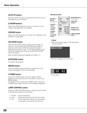 Page 26
Basic Operation
/
CEILING
Remote Control
D.ZOOM buttons
NO SHOW button 
AUTO PC button
✔Note:
•  See  the  previous  page  for  the  description 
of other buttons.
KEy STONE button(See page 24.)
POINT ed buttons
black out ➜ the captured image ➜ normal  ➜• • • • •
Press the NO SHOW button to black out the image. To 
restore to normal, press the NO SHOW button again or 
press any other button. When the projected image is 
captured and is set as “User” in the Logo selection (p.47), 
the screen changes...