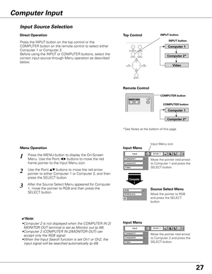 Page 27
Press the INPUT button on the top control or the 
COMPUTER button on the remote control to select either 
Computer 1 or Computer 2.
Before using the INPUT or COMPUTER buttons, select the 
correct input source through Menu operation as described 
below.
Press the MENU button to display the On-Screen 
Menu. Use the Point 7 8 buttons to move the red 
frame pointer to the Input Menu icon.
1
Input Menu
Use the Point ed buttons to move the red arrow 
pointer to either Computer 1 or Computer 2, and then 
press...