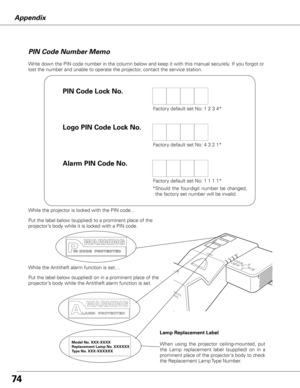 Page 74
Model No. XXX-XXXXReplacement Lamp No. XXXXXXType No. XXX-XXXXXX

Appendix
PIN Code Number Memo

Write down the PIN code number in the column below and keep it with this manual securely. If you forgot or 
lost the number and unable to operate the projector, contact the service station. 
Factory default set No: 1 2 3 4*
Factory default set No: 4 3 2 1*
*Should  the  four-digit  number  be  changed, 
the factory set number will be invalid.
PIN Code Lock No.
Logo PIN Code Lock No.
Factory default...