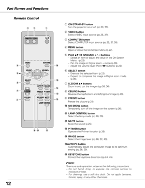 Page 12Part Names and FunctionsRemote Control
/
CEILING
t
e
o
!3
r
!4
!2
q ON/STAND-B y button 
Turn the projector on or off (pp.20, 21).
w VIDEO button Select VIDEO input source (pp.25, 37).
e COMPUTER buttonSelect COMPUTER input source (pp.25, 27, 38).
r MENU buttonOpen or close the On-Screen Menu (p.22).
!0
u D.ZOOM ed buttons
Zoom in and out the images (pp.26, 36).
!5A UTO PC button
Automatically adjust the computer image to its optimum 
setting (pp.26, 29).
!4 IMAGE button Select the image level (pp.26,...