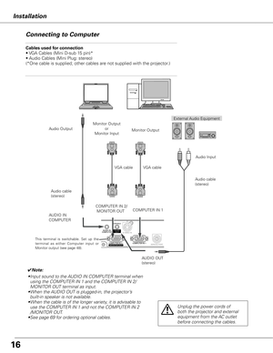 Page 1616
External Audio Equipment
VGA cable  
Audio cable 
(stereo)  Audio cable 
(stereo)
Monitor Output  
or 
Monitor Input
Audio Output
AUDIO IN
COMPUTER
AUDIO OUT 
(stereo)Audio Input
COMPUTER IN 2/
 MONITOR OUT Monitor Output
COMPUTER IN 1
VGA cable  
This  terminal  is  switchable.  Set  up  the 
terminal  as  either  Computer  input  or 
Monitor output (see page 48).
Installation
Connecting to Computer
Cables used for connection 
• VGA Cables (Mini D-sub 15 pin)*  
• Audio Cables (Mini Plug: stereo)...