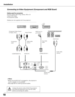 Page 1818
InstallationConnecting to Video Equipment (Component and RGB Scart)
Cables used for connection 
• Audio Cables (Mini Plug: stereo, RCA x 2) 
• Scart-VGA Cable
• Component Cable 
(Cables are not supplied with the projector.)
✔Note:
• When the AUDIO OUT is plugged-in, the projector’s 
built-in speaker is not available.
•See page 69 for ordering optional cables.
Unplug the power cords of both the projector 
and external equipment from the AC outlet 
before connecting the cables.
External Audio Equipment...