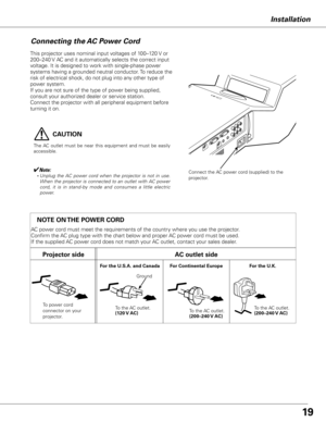 Page 19NOTE ON THE POWER CORD
AC power cord must meet the requirements of the country where you use the projector.
Confirm the AC plug type with the chart below and proper AC power cord must be used.
If the supplied AC power cord does not match your AC outlet, contact your sales dealer.
To power cord 
connector on your 
projector.
Projector sideAC outlet side
Ground
To the AC outlet.
(120 V AC)
For Continental EuropeFor the U.S.A. and Canada
This projector uses nominal input voltages of 100–120 V or 
200–240 V...